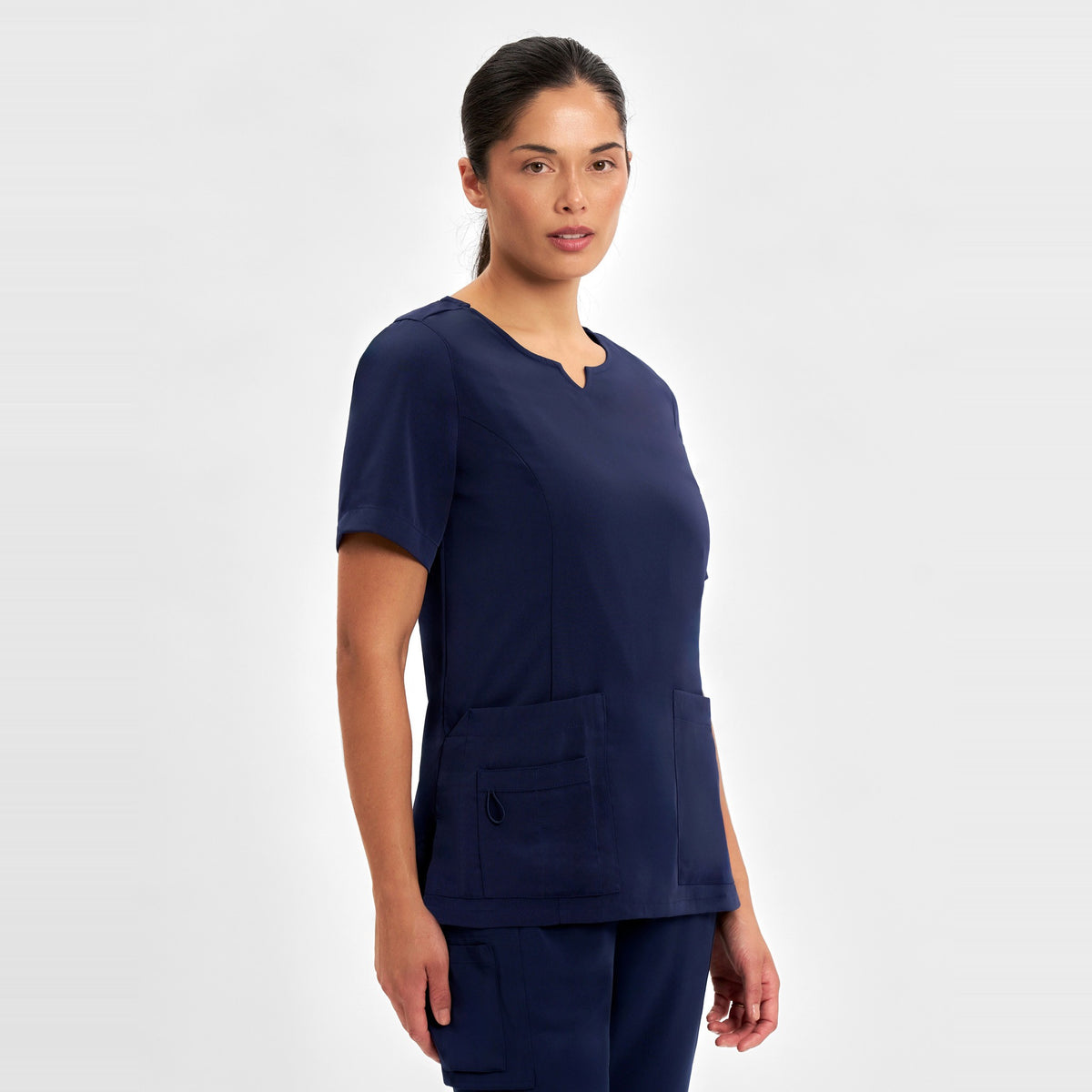 Inaura Avery Womens Round Neck Scrub Top CST942LS in Midnight Navy, worn by model, view 3