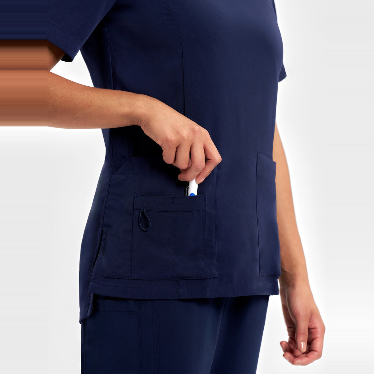 Inaura Avery Womens Round Neck Scrub Top CST942LS in Midnight Navy, worn by model, view 5