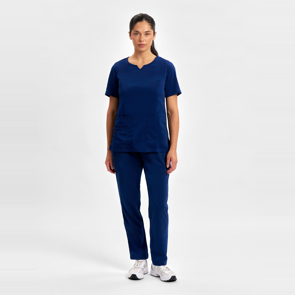 Inaura Avery Womens Round Neck Scrub Top CST942LS in Navy, worn by model, view 2