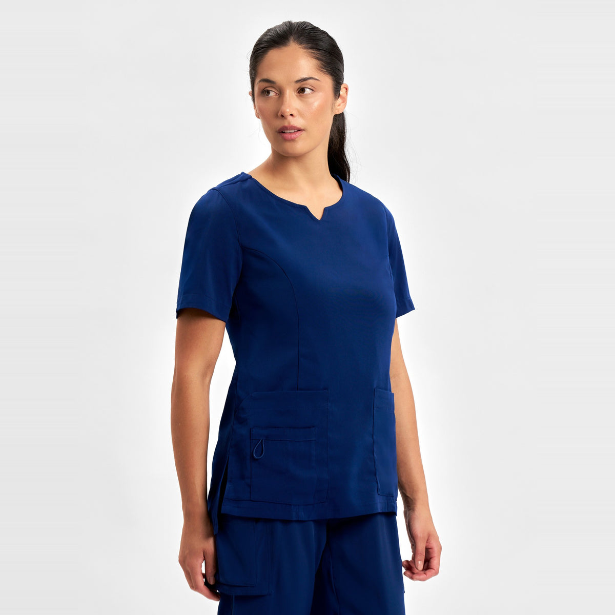 Inaura Avery Womens Round Neck Scrub Top CST942LS in Navy, worn by model, view 3