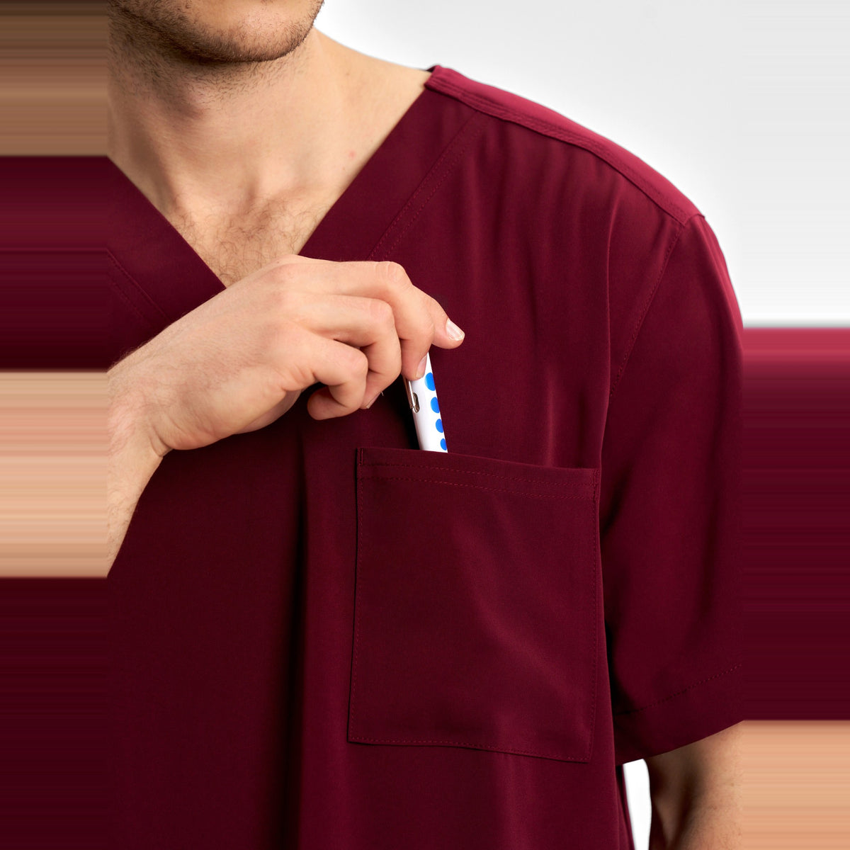 Inaura Avery Mens V-Neck Scrub Top CST945MS in Burgundy, worn by model, view 5