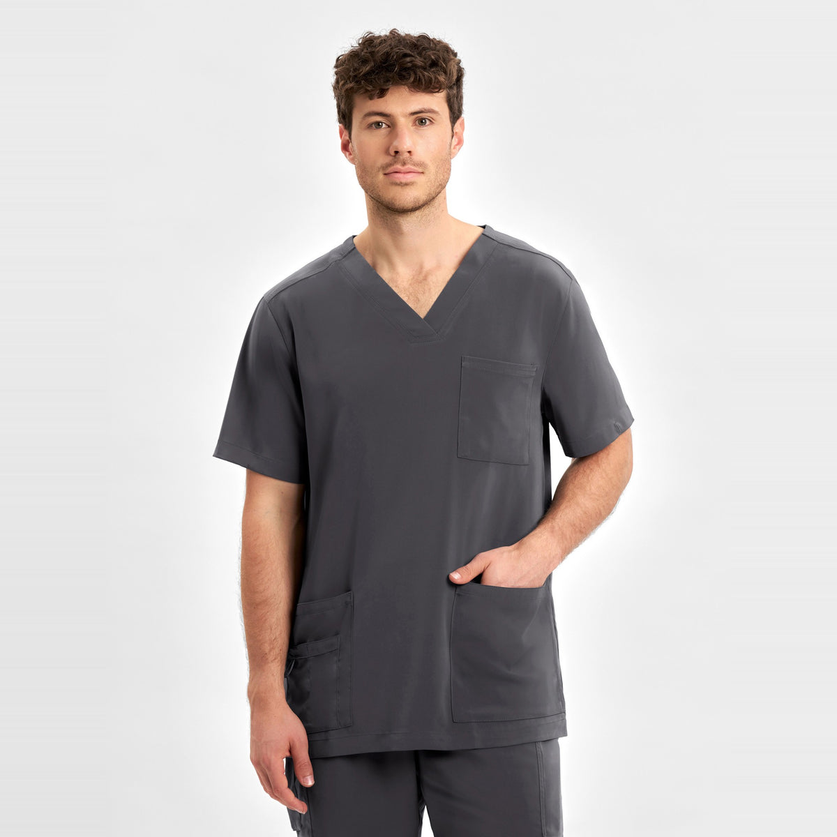 Inaura Avery Mens V-Neck Scrub Top CST945MS in Charcoal, worn by model, view 3