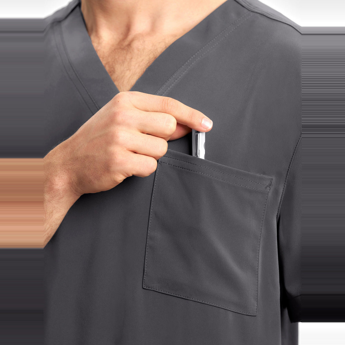Inaura Avery Mens V-Neck Scrub Top CST945MS in Charcoal, worn by model, view 6