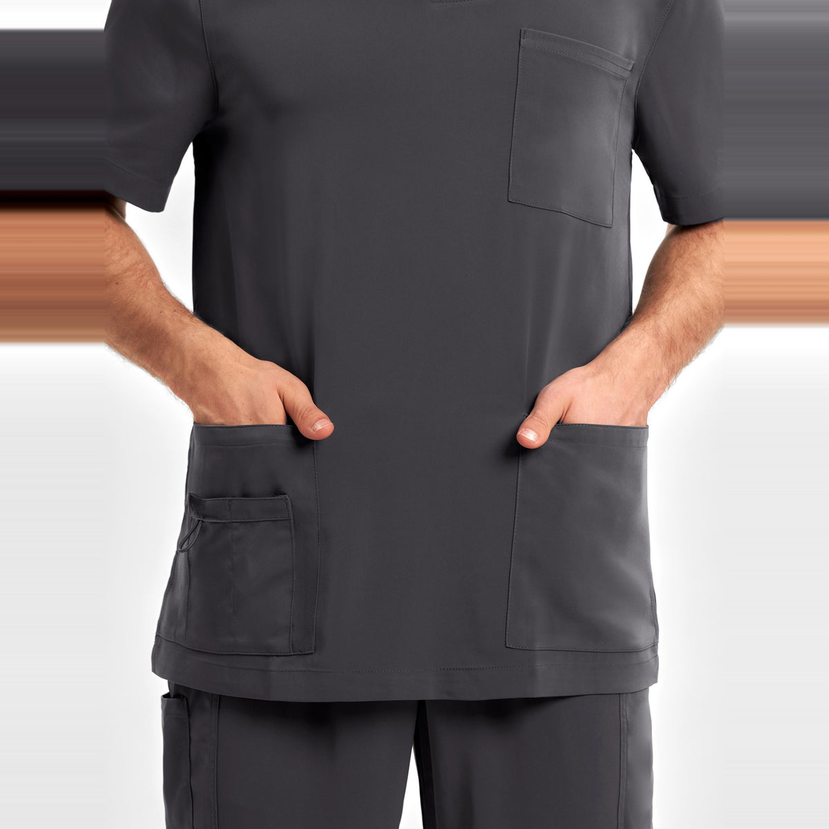 Inaura Avery Mens V-Neck Scrub Top CST945MS in Charcoal, worn by model, view 7