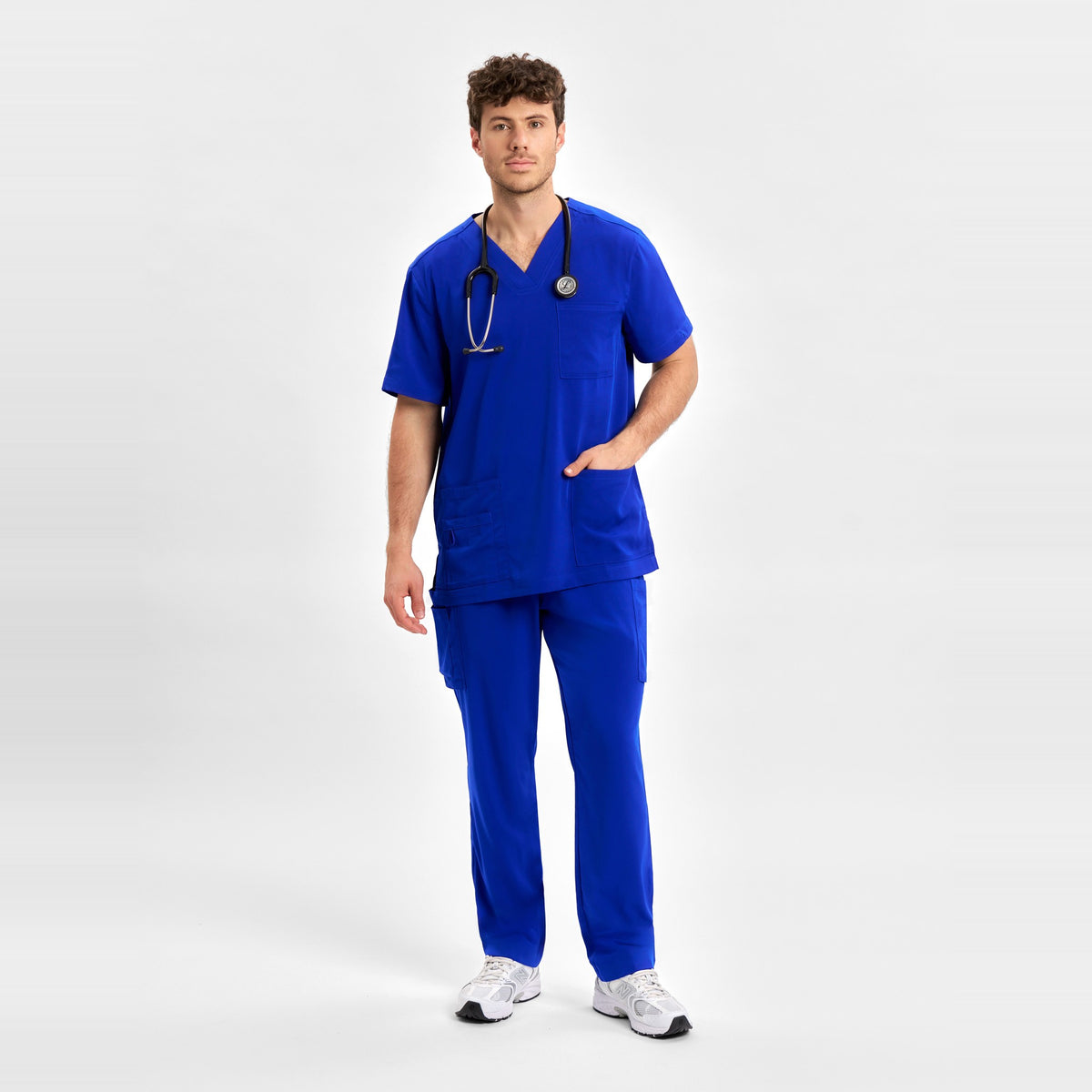 Inaura Avery Mens V-Neck Scrub Top CST945MS in Electric Blue, worn by model, view 2