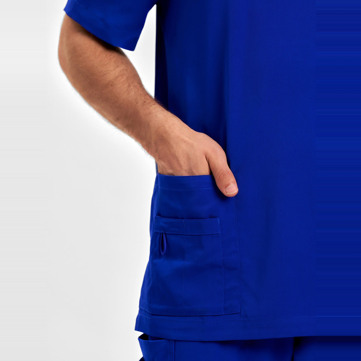 Inaura Avery Mens V-Neck Scrub Top CST945MS in Electric Blue, worn by model, view 6