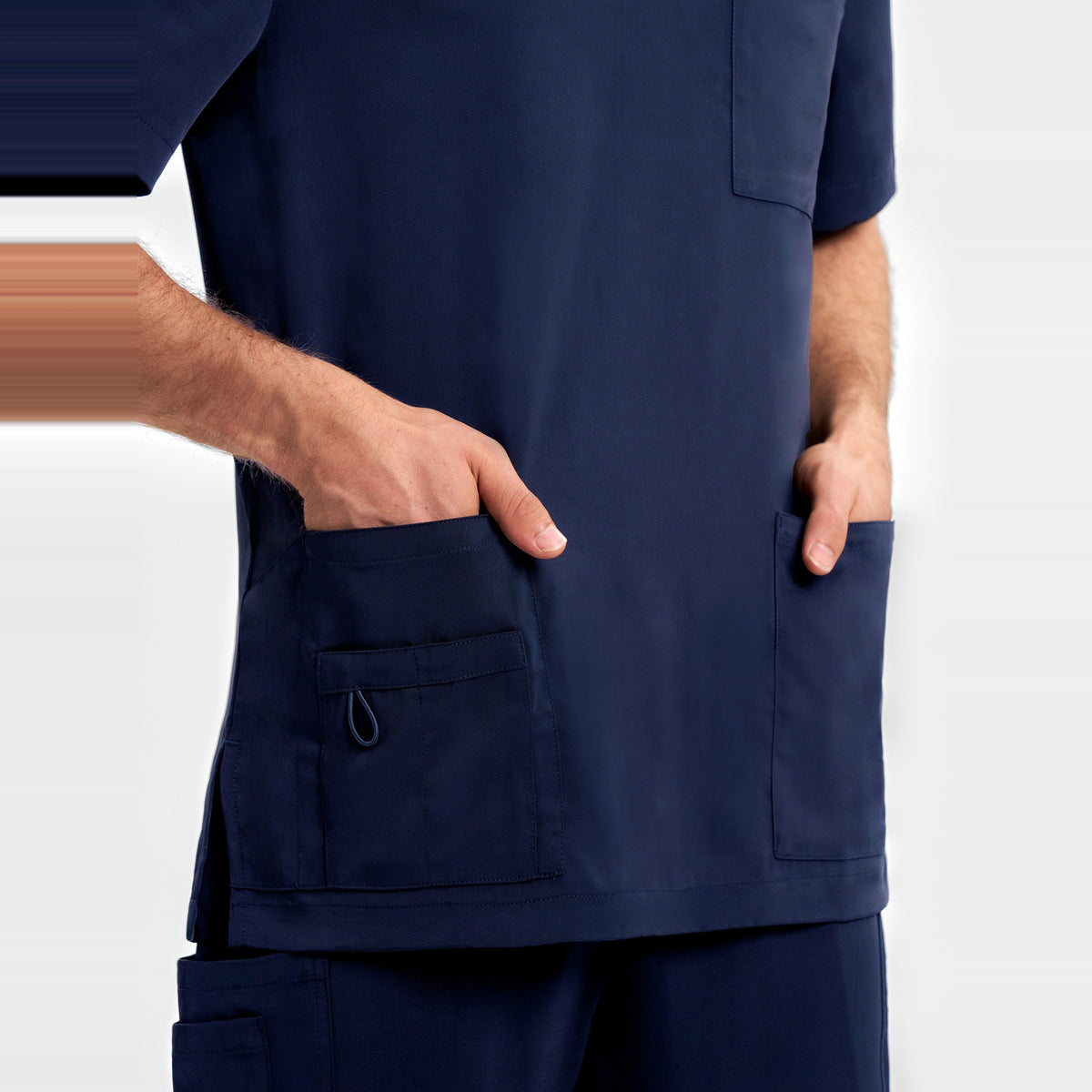 Inaura Avery Mens V-Neck Scrub Top CST945MS in Midnight Navy, worn by model, view 5