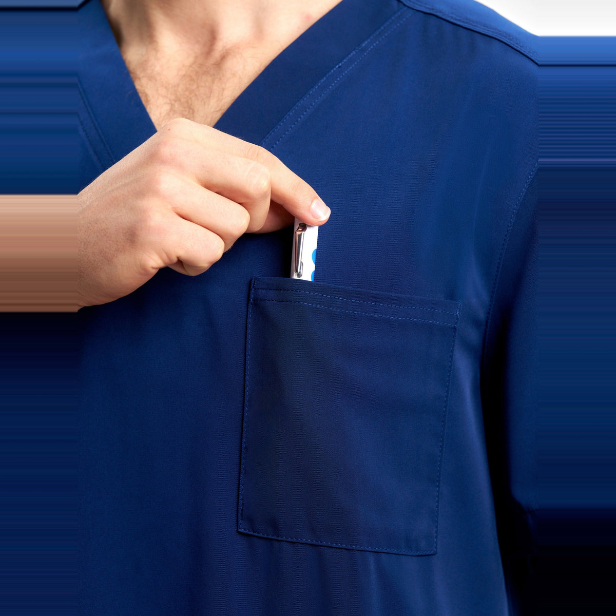 Inaura Avery Mens V-Neck Scrub Top CST945MS in Navy, worn by model, view 5