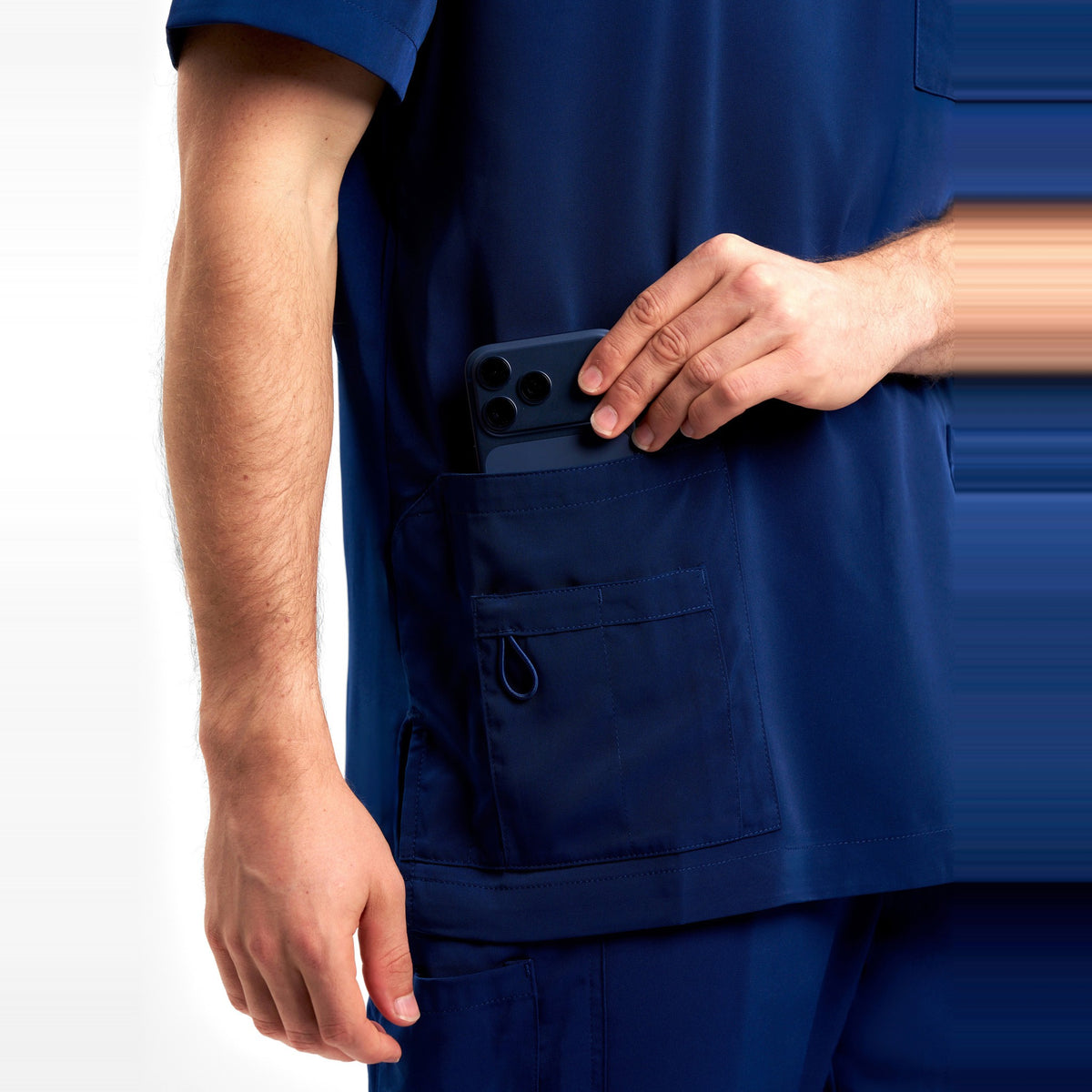 Inaura Avery Mens V-Neck Scrub Top CST945MS in Navy, worn by model, view 6
