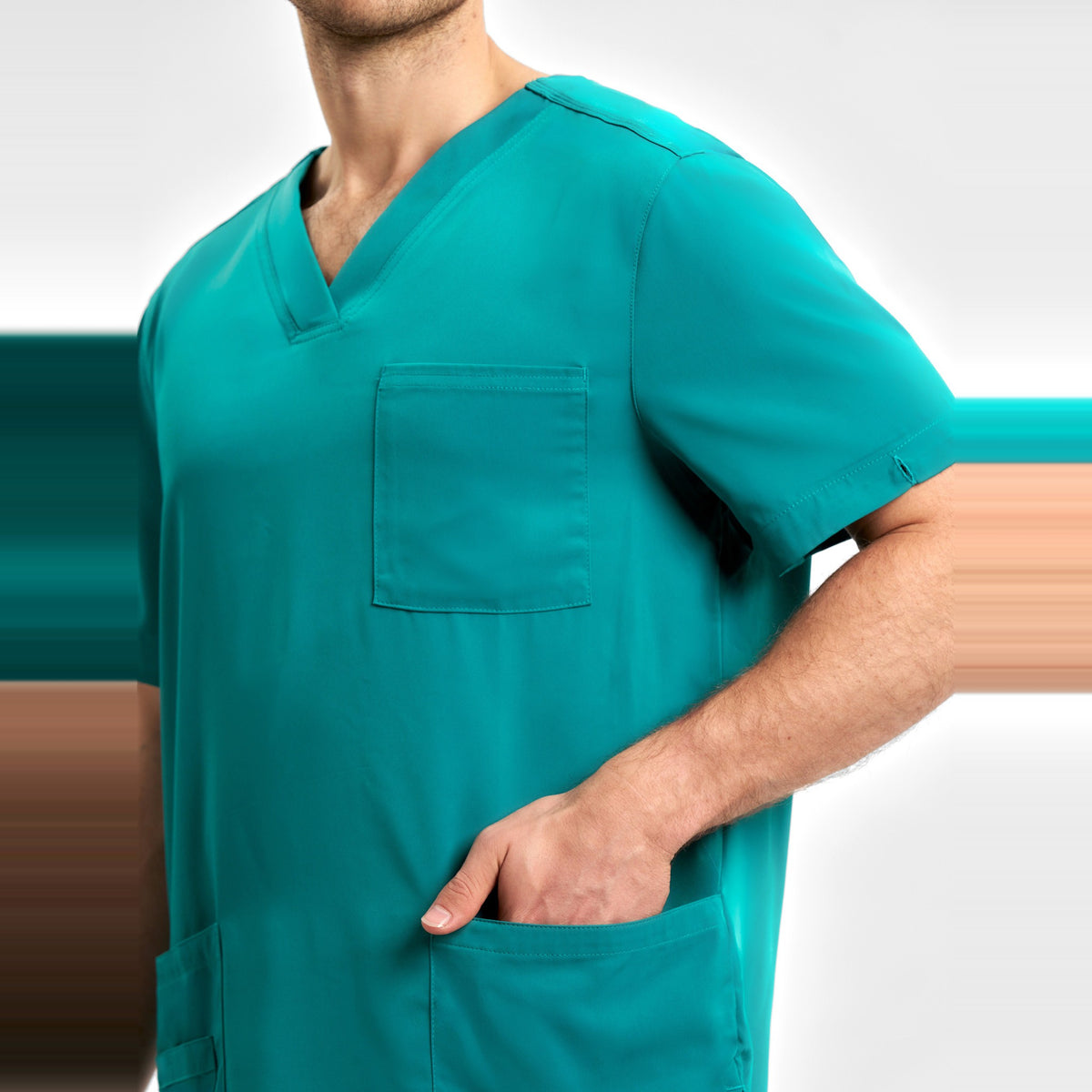 Inaura Avery Mens V-Neck Scrub Top CST945MS in Teal, worn by model, view 5