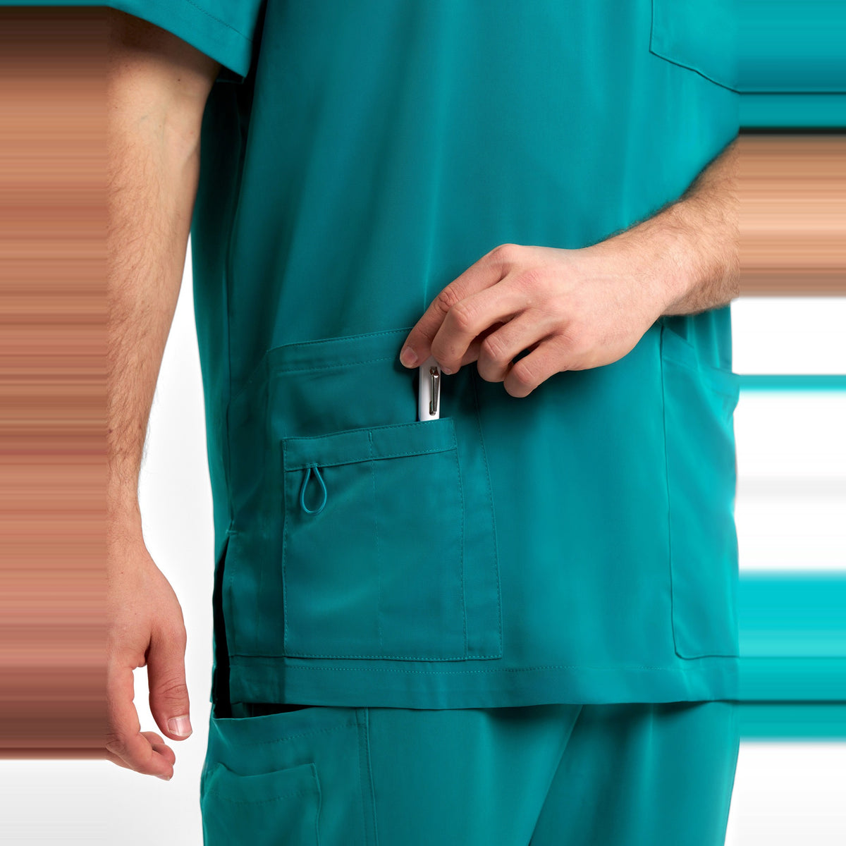 Inaura Avery Mens V-Neck Scrub Top CST945MS in Teal, worn by model, view 6