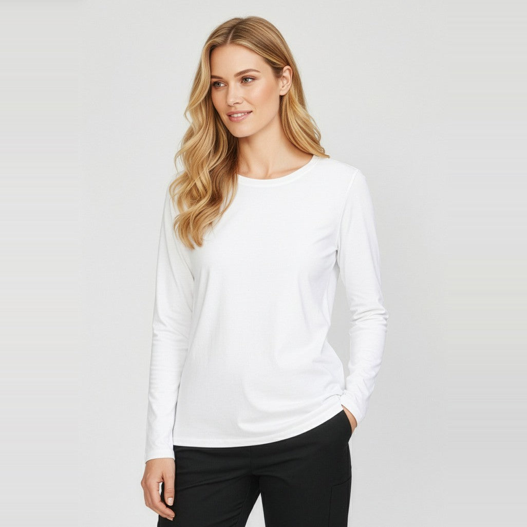 Biz Performance Womens Long Sleeve Tee CT247LL in White, worn by model