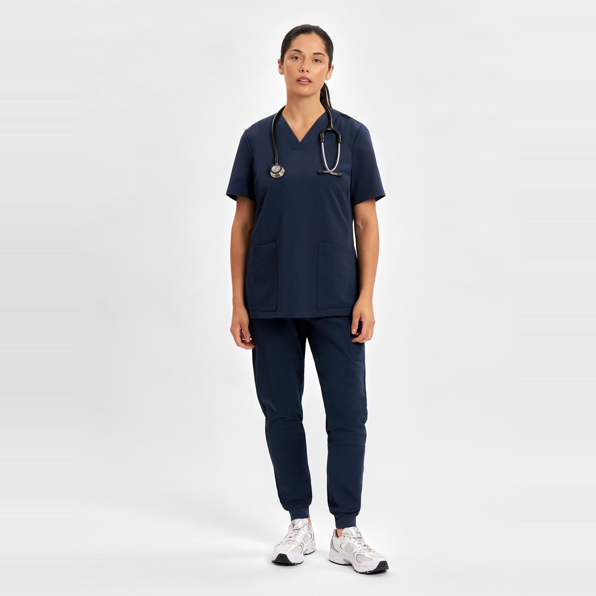 Inaura Pulse Womens V-Neck Scrub Top CU543LS in Midnight Navy, worn by model, view 2