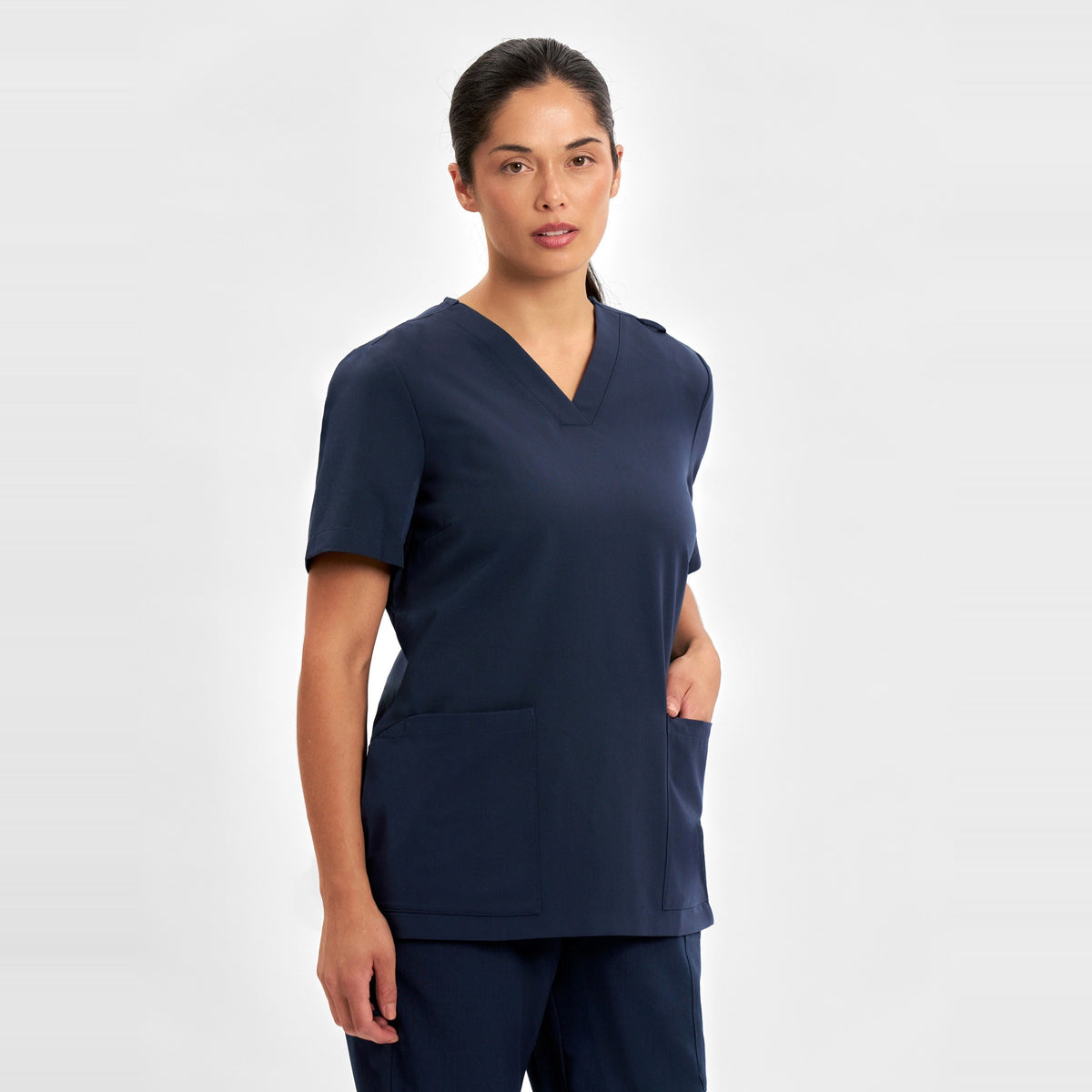 Inaura Pulse Womens V-Neck Scrub Top CU543LS in Midnight Navy, worn by model, view 3