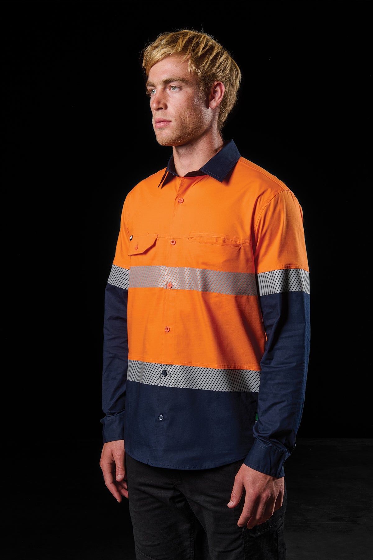 FXD LSH-4T Taped Hi-Vis Vented Long Sleeve Work Shirt in Orange/Navy, view 2
