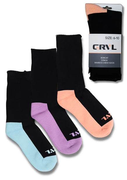 GRVL Womens Bobcat Bamboo Heavy Duty Crew Socks 3-pack