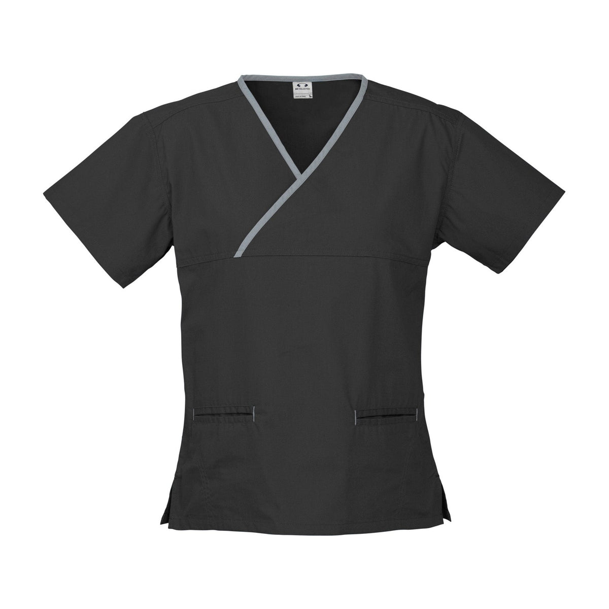 Biz Womens Contrast Crossover Scrubs Top H10722 in Black/Pewter
