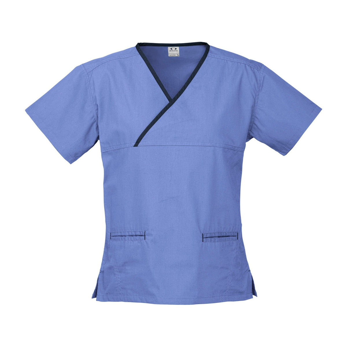 Biz Womens Contrast Crossover Scrubs Top H10722 in Mid Blue/Navy