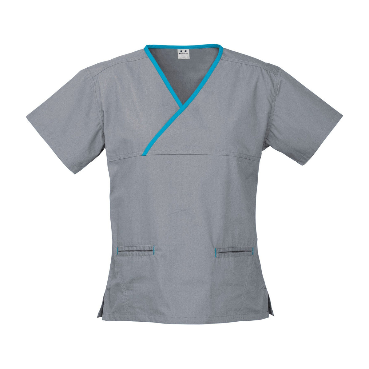 Biz Womens Contrast Crossover Scrubs Top H10722 in Pewter/Aqua