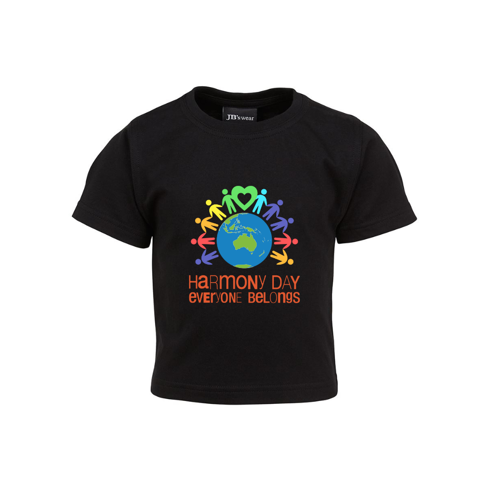 Babies Harmony Day Heart Globe on Black T-Shirt