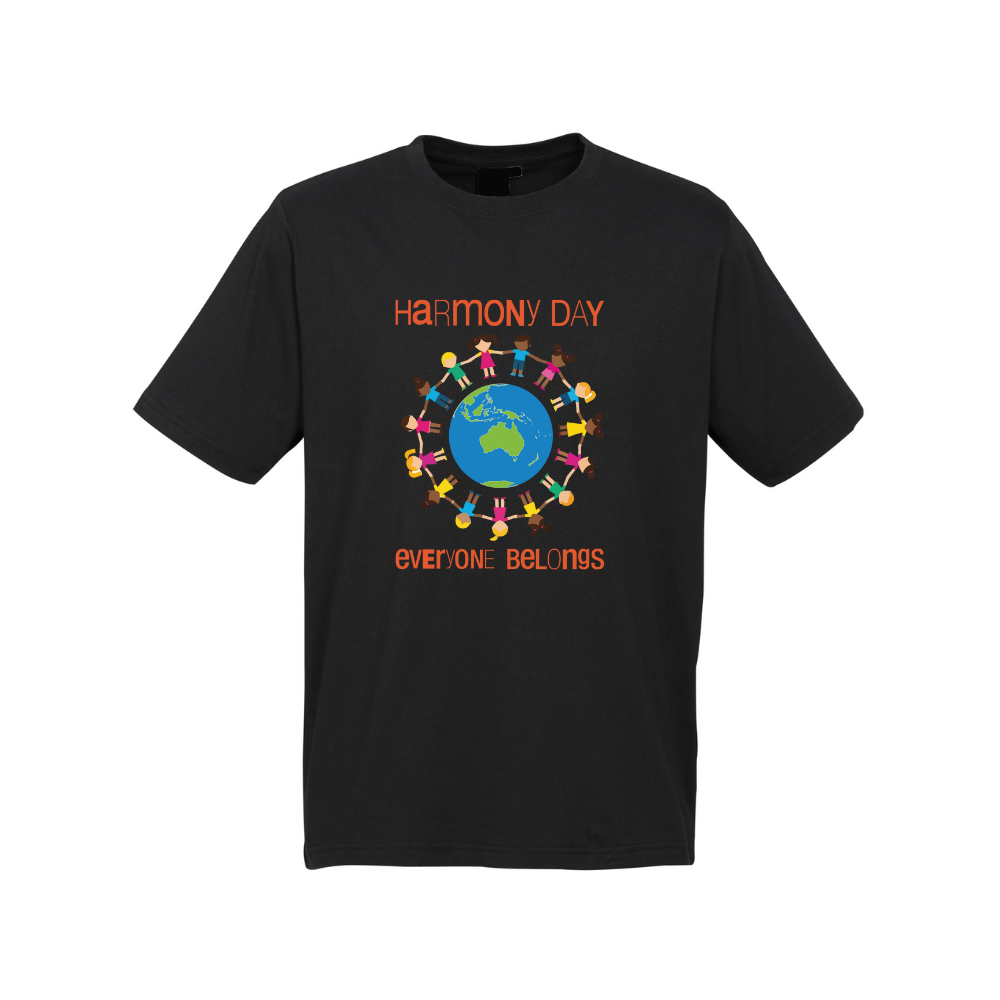 Adults Harmony Day Kids Globe on Black T-Shirt