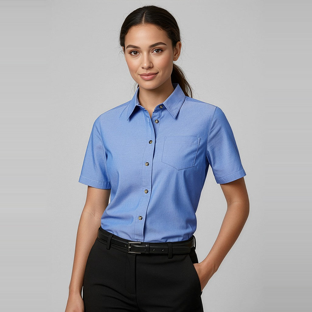 Biz Chambray Womens Short Sleeve Shirt LB6200 in Chambray Blue, worn by model