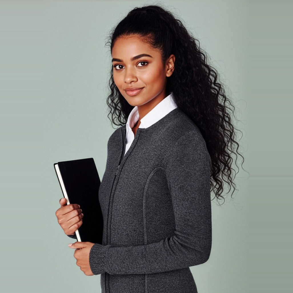 Biz 2-Way Womens Zip Cardigan LC3505 in Charcoal, worn by model