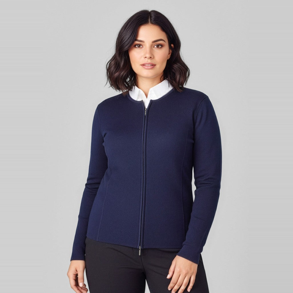 Biz 2-Way Womens Zip Cardigan LC3505 in Navy, worn by model