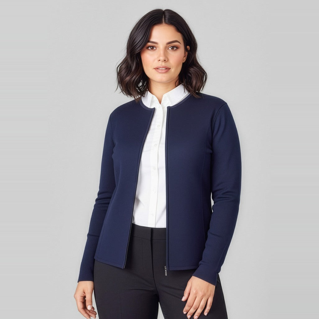 Biz 2-Way Womens Zip Cardigan LC3505 in Navy, worn by model, view 2