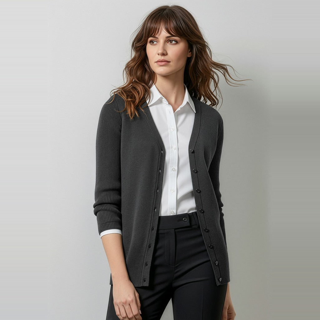 Biz Milano Womens Cardigan LC417L in Charcoal, worn by model, view 2