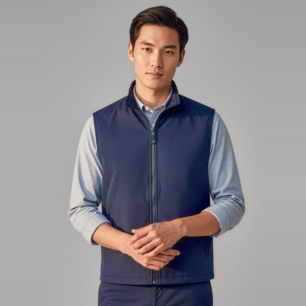 Biz Reversible Unisex Fleece Vest NV5300 in Navy, worn by model