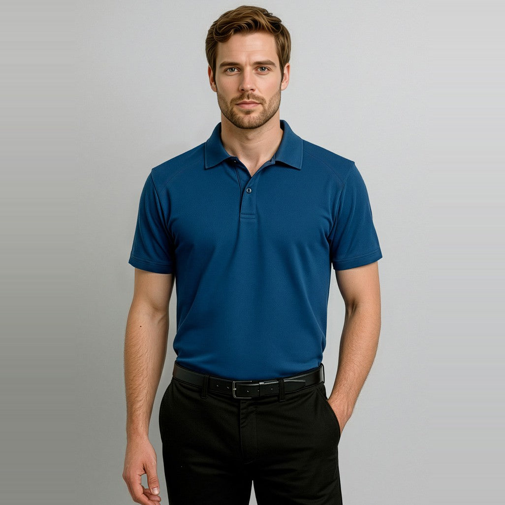 Biz Byron Mens Short Sleeve Polo P011MS in Steel Blue, worn by model