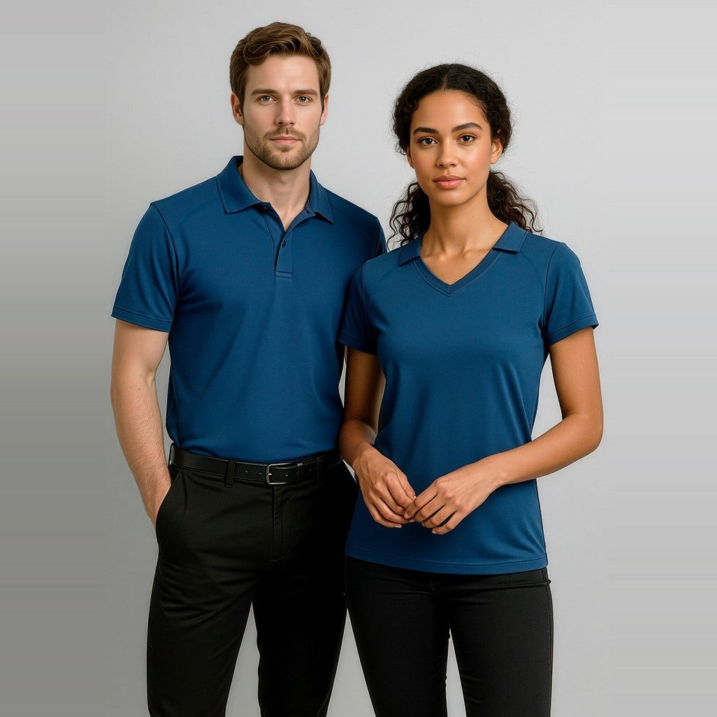 Biz Byron Mens Short Sleeve Polo P011MS in Steel Blue, worn by model, view 2