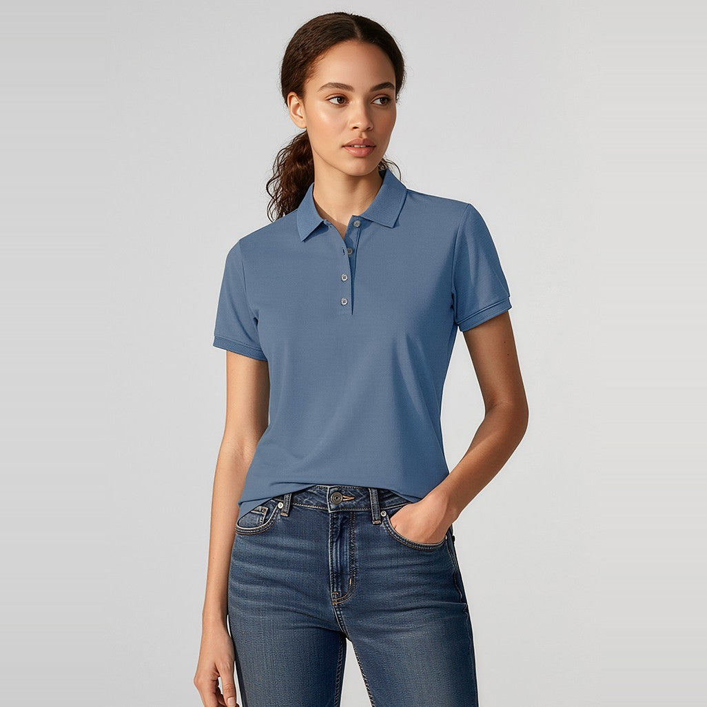 Biz City Womens Short Sleeve Polo P105LS in Grey Smoke, worn by model