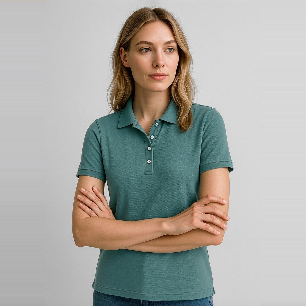 Biz City Womens Short Sleeve Polo P105LS in Jasper Green, worn by model