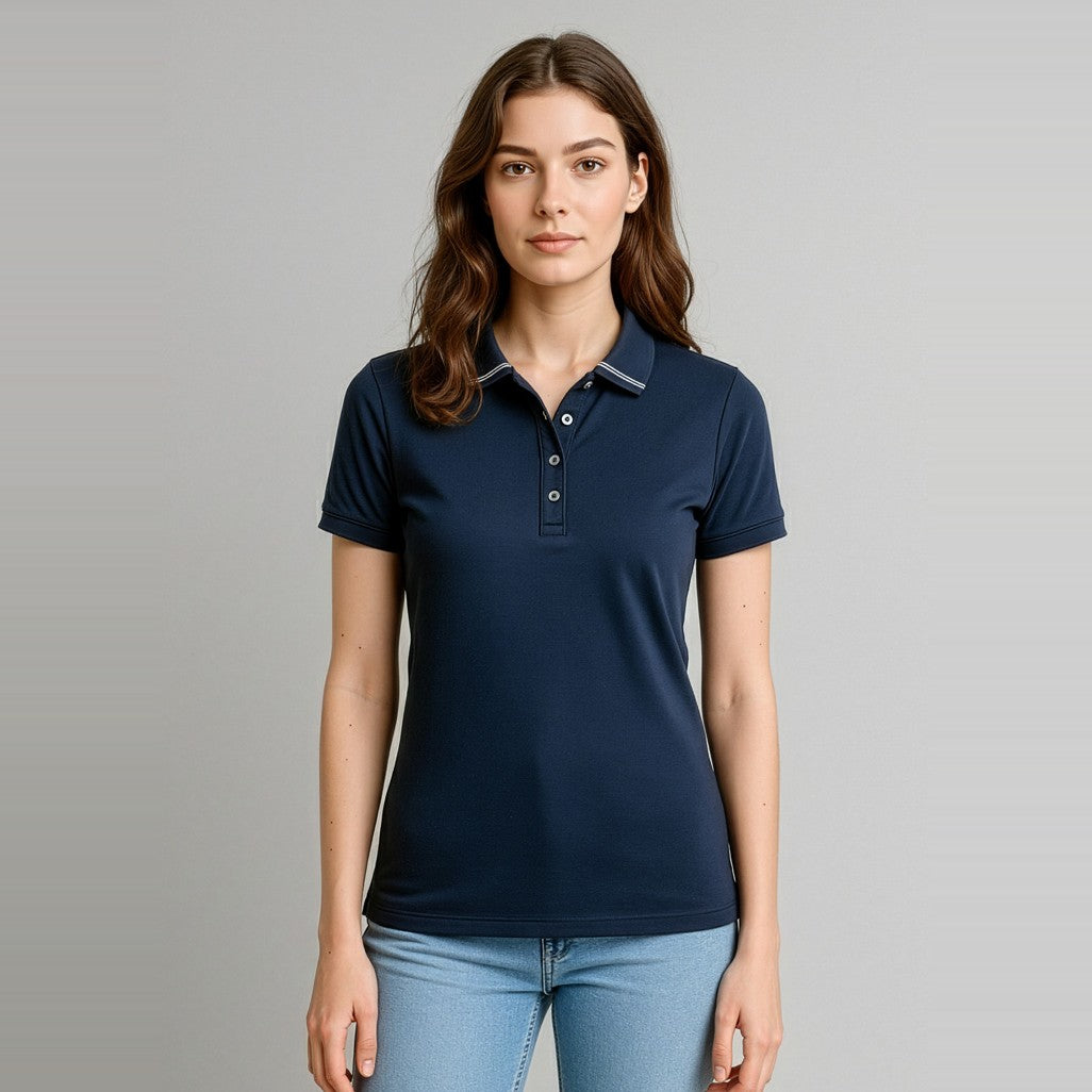 Biz Aston Womens Short Sleeve Polo P106LS, worn by model