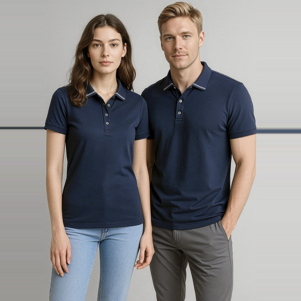 Biz Aston Womens Short Sleeve Polo P106LS in Navy/Silver Grey, worn by model