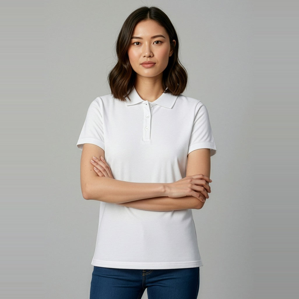 Biz Ice Womens Short Sleeve Polo P112LS in White, worn by model