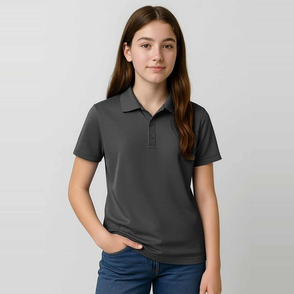 Biz Action Kids Short Sleeve Polo P206KS in Grey, worn by model