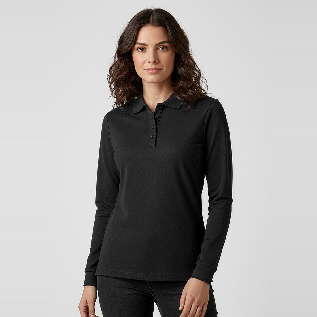 Biz Action Womens Long Sleeve Polo P206LL in Black, worn by model