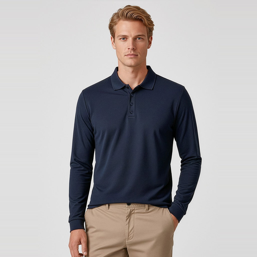 Biz Action Mens Long Sleeve Polo P206ML in Navy, worn by model