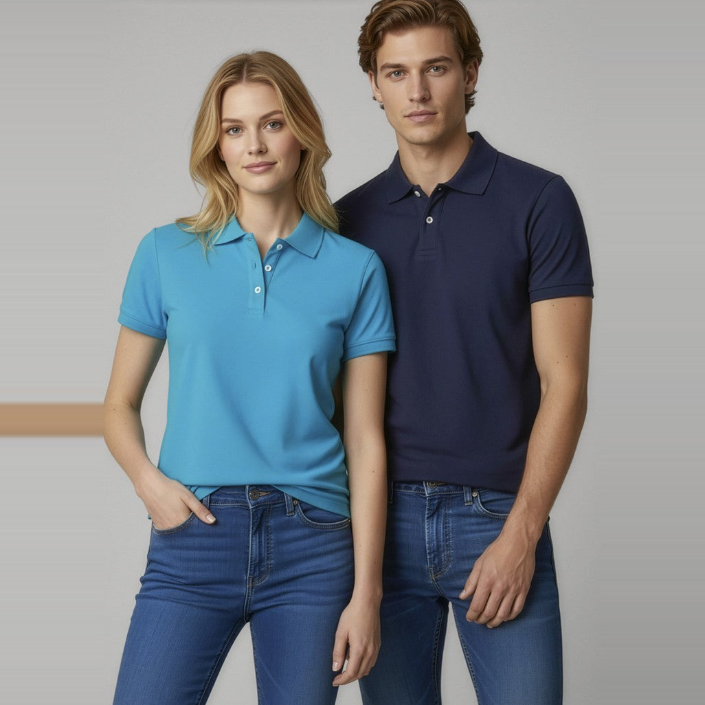 Biz Neon Womens Short Sleeve Polo P2125 in Cyan, worn by model