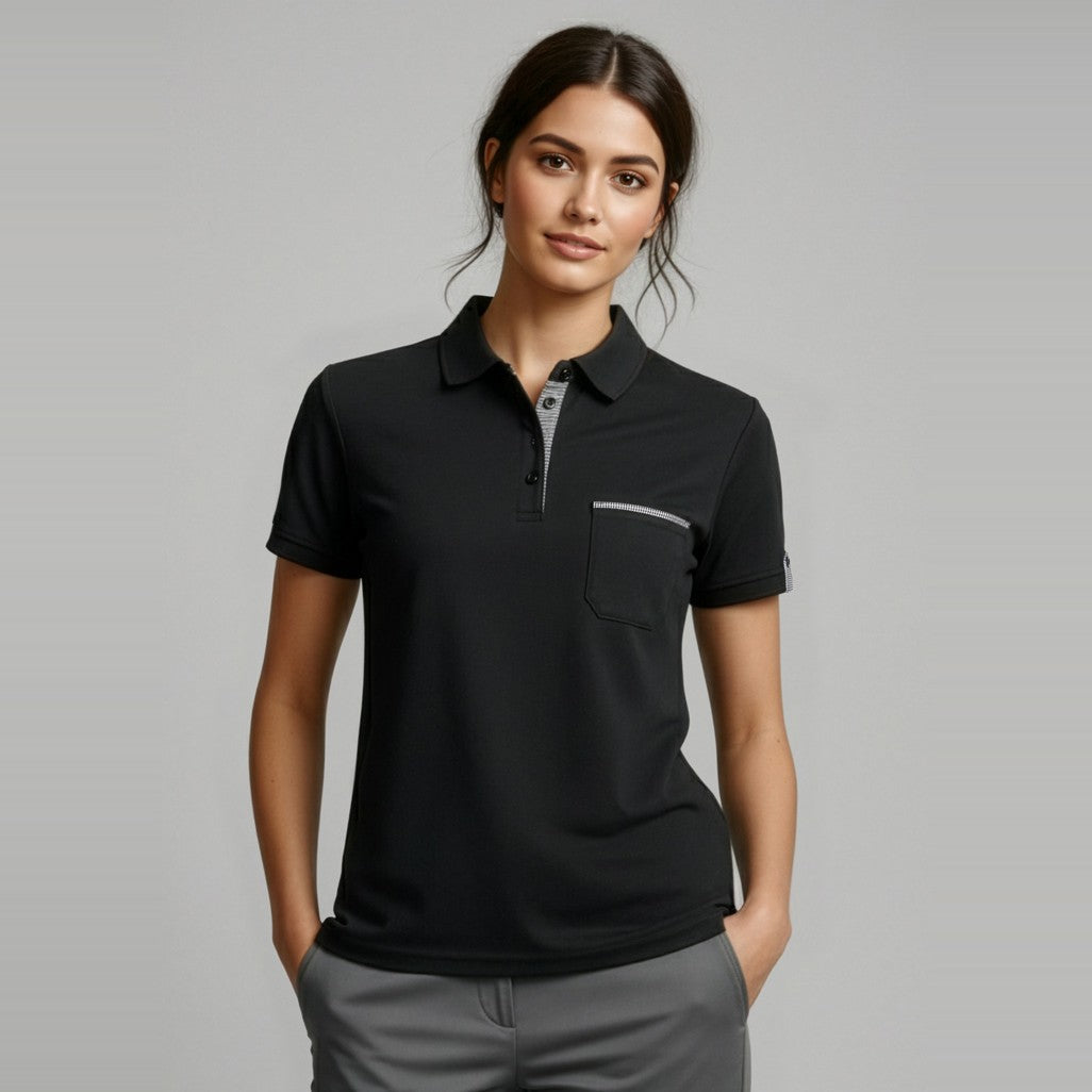 Biz Edge Womens Short Sleeve Polo P305LS, worn by model