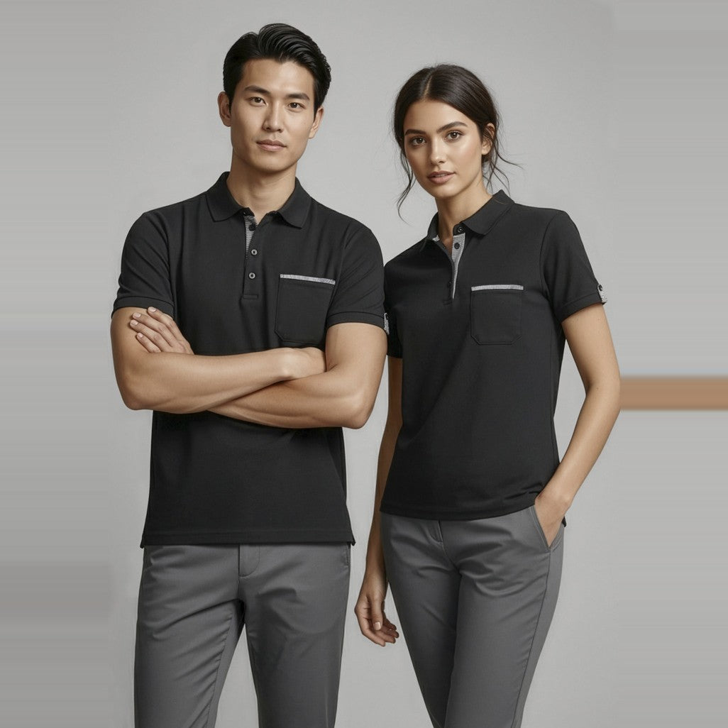 Biz Edge Mens Short Sleeve Polo P305MS in Black/Check, worn by model