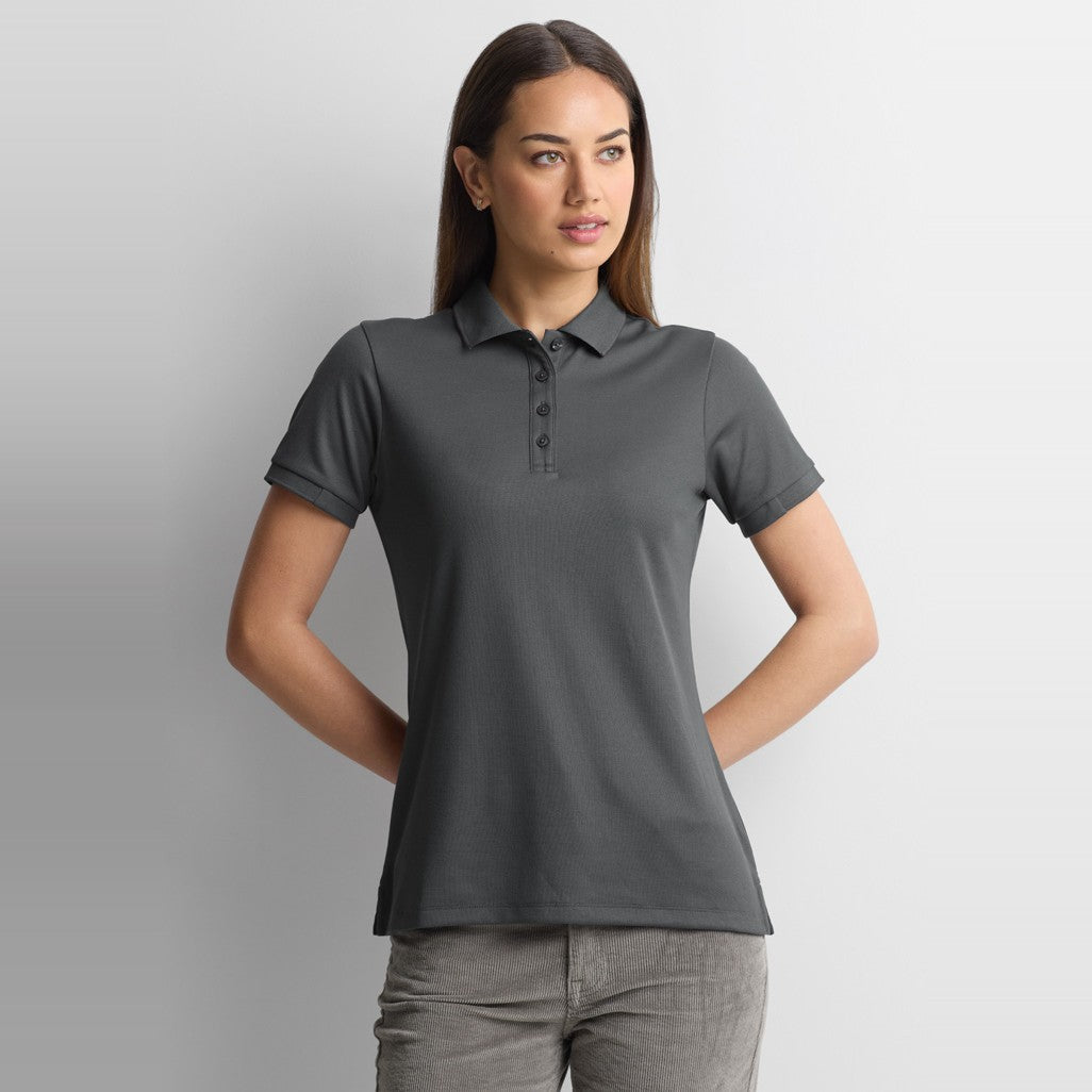 Biz Focus Womens Short Sleeve Polo P313LS in Charcoal/Charcoal, worn by model, view 2