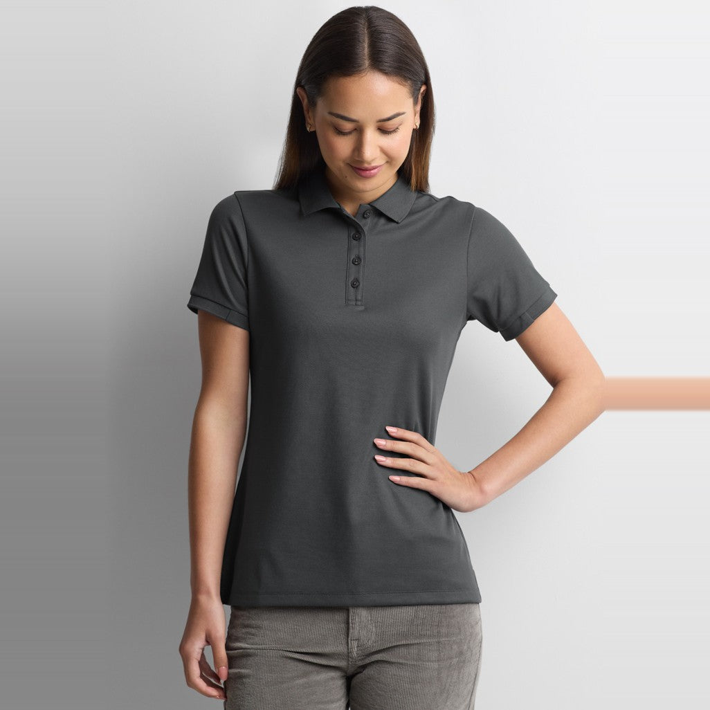 Biz Focus Womens Short Sleeve Polo P313LS in Charcoal/Charcoal, worn by model, view 3