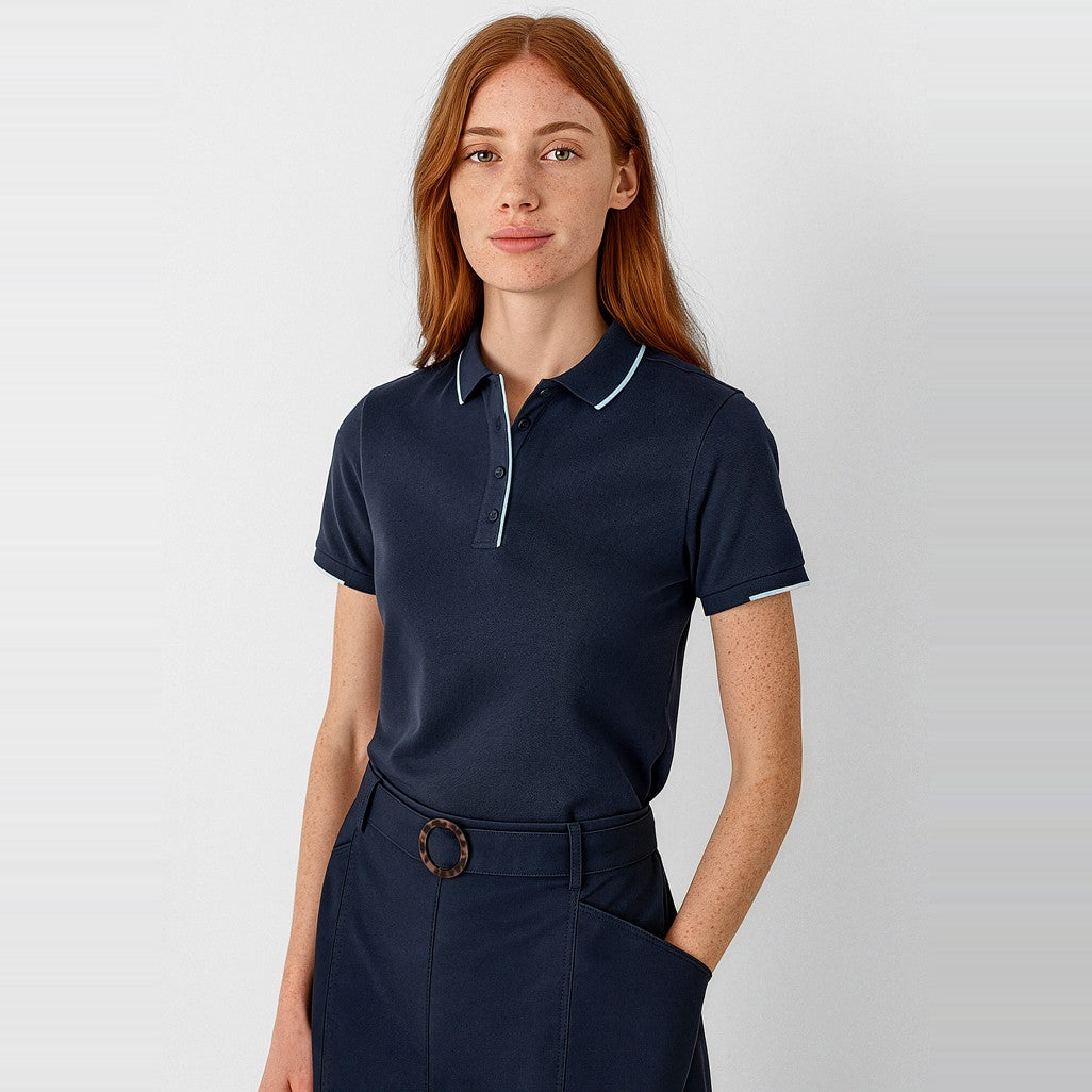 Biz Focus Womens Short Sleeve Polo P313LS in Navy/Sky, worn by model
