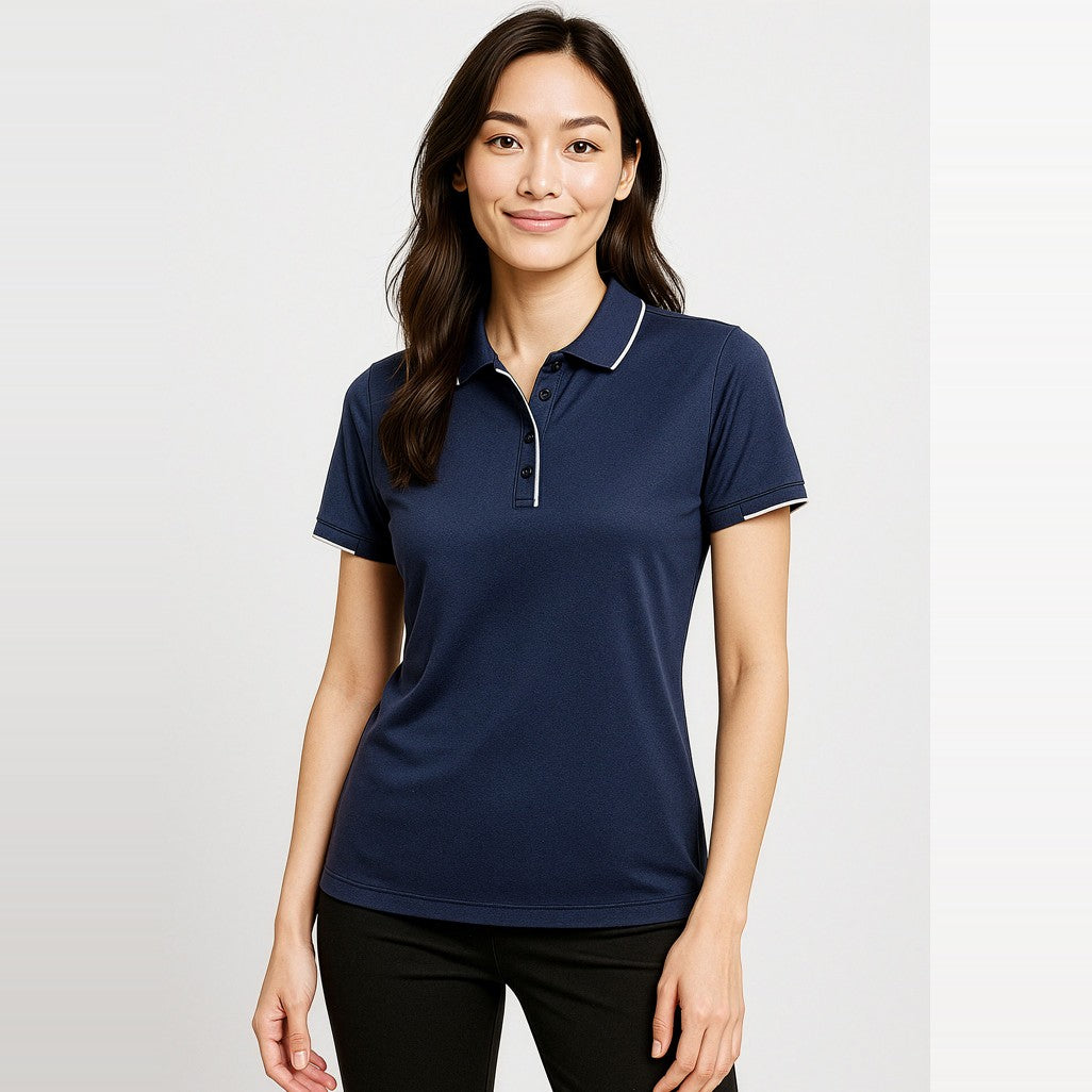 Biz Focus Womens Short Sleeve Polo P313LS in Navy/White, worn by model