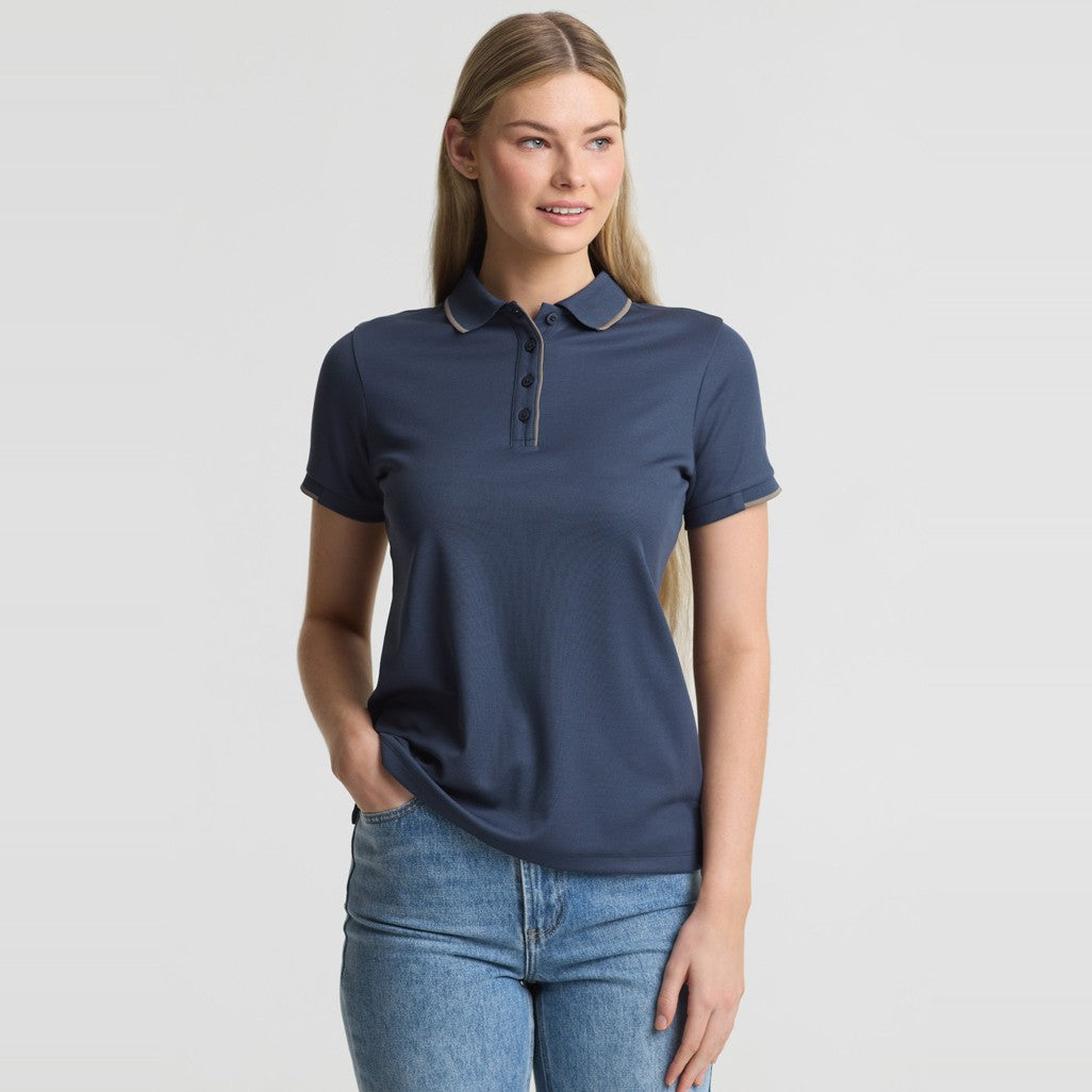 Biz Focus Womens Short Sleeve Polo P313LS in Storm Blue/Taupe, worn by model, view 3