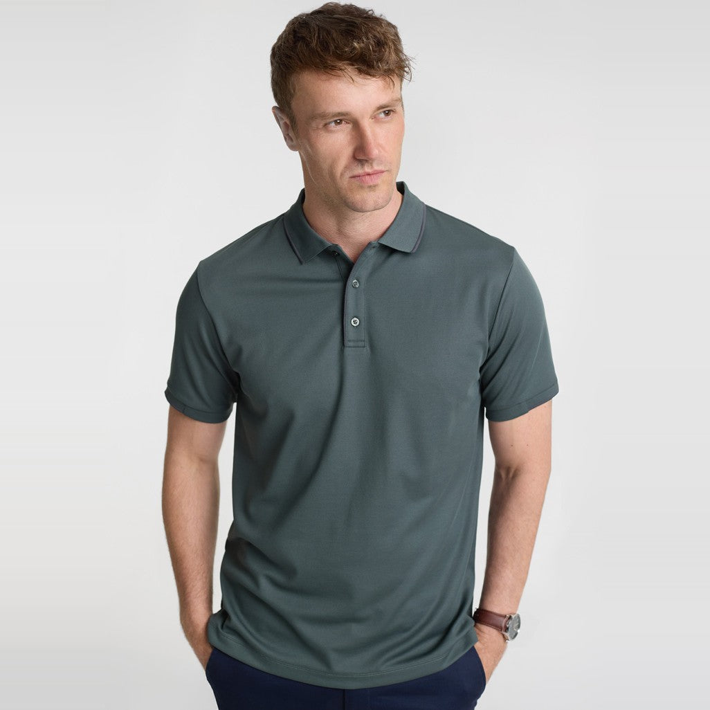 Biz Focus Mens Short Sleeve Polo P313MS in Seafoam/Charcoal, worn by model